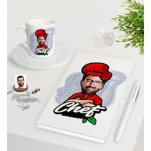 Kişiye Özel Erkek Chef Karikatürlü Beyaz Defter Kalem Türk Kahves N11.25678