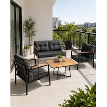 Liva Bahçe Balkon Oturma Grubu - 2+1+1 Takım + Sehpa - Siyah Metal İskelet Antrasit
