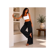 Hira Life Fashion Kadın Kumaşı Kabartma Detaylı Bol Paça Ve Önü Bağcıklı Salaş Burgu Şık Pantolon Siyah Siyah