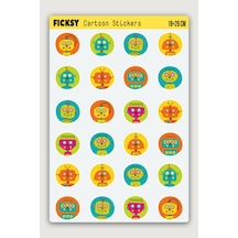 Sevimli Robotlar Sticker Seti - 24 Adet Yuvarlak Etiket Çıkartma Diğer