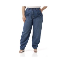 Disentis Büyük Beden Önü Pileli Yarım Balon Kesim Beli Arkadan Lastikli Cepli Denim Mavi Pantolon Mavi
