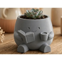 3d Baskı Kitap Okuyan Saksı - Kupa Tutan Sevimli Saksı-gri Çok Renkli