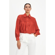 Kadın Pile Detaylı Klasik Gömlek - Taş Düğmeli, Yeşil Kadın Pile Detaylı Klasik Gömlek - Taş Düğmeli, Yeşil