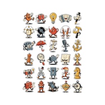 30 Adet Retro Çizgi Film Karakter Sticker Seti - Laptop Telefon Defter Valiz Çok Renkli