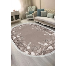 Dijital Baskılı Oval Salon Halısı Kaymaz Yıkanabilir Keçe Taban Saçaklı Çiçekli P1388 gri