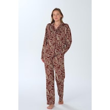 Kadın Büyük Beden Uzun Kol Gömlek Yaka Bordo Pijama Takımı C4t9n3o6 001