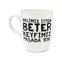 Halimiz İtten Beter Keyfimiz Paşada Yok Krem Oval Kupa - Hediye Seramik Kupa Açık Ahşap