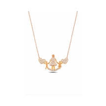 Çekirdekjewelry 925 Ayar Gümüş Rose Renk Anne Çocuk Figürlü Kalpli Taşlı Kolye Pembe