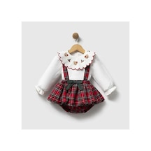 Ministok Baby Bloom Ekose Desenli Yakası Nakışlı Kız Bebek Blüzlü Salopet Kırmızı