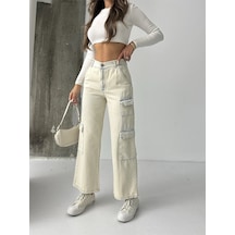 Blue Marlın Kadin Kargo Cepli Tintli Buz Kar Bol Paça Kot Jeans Krem