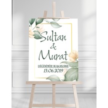 Söz Nişan Düğün İçin 50x70 Karşılama Panosu - Şeftali Çiçek Tasarımlı 001 Beyaz