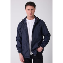 Erkek Astarlı Kanguru Cepli Su Ve Rüzgar Geçirmez Kapüşonlu Cepli Yağmurluk - Rüzgarlık Lacivert