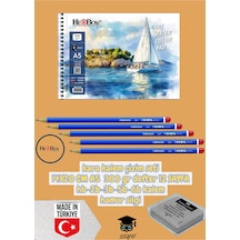 Kara Kalem Çizim Seti 14x20 Cm A5 300 Gr Defter 12 Sayfa Hb-2b-3b-5b-6b Kalem Hamur Silgi Herboy Çok Renkli