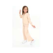 Toontoy Kids Toontoy Kız Çocuk 2'li Takım Kapüşonlu Fermuarlı Sweatshirt & Beli Lastikli Bol Paça Cepli Eşofman Altı - 2 İplik Bej