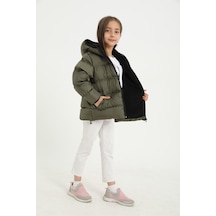 Spor Kız Çocuk Polarlı Kürklü Kapüşonlu Su Geçirmez Rüzgara Dayanıklı Şişme Mont-107 Haki