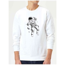 Astronot Uzay Boşluğu Baskılı Beyaz Erkek Örme Sweatshirt