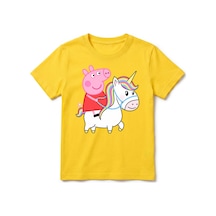 Urbantrendstore Peppa Pig Temalı Unisex Kız Çocuk Erkek Çocuk Bisiklet Yuvarlak Yaka Basic Kısa Kollu %100 Pamuk Tişört Sarı