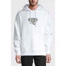 Boho Elephants Baskılı Beyaz Erkek Örme Kapşonlu Sweatshirt