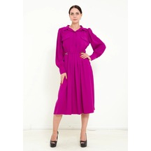 Modatalika Kadın Pile Detaylı Kemerli Gömlek Yaka Şık Uzun Kolu Midi Elbise Fuşya