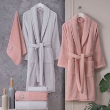 Hobby Line %100 Saf Pamuk Aile Bornoz Seti-pembe Gri Pembe - Gri