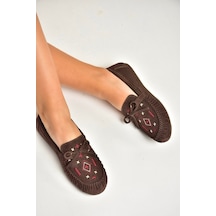 Fox Shoes Y996073102 Kahverengi Süet Renkli Motif İşlemeli Kadın Babet Kahverengi