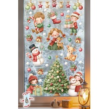 Yılbaşı Temalı Çocuk Odası Cam Sticker Seti Çam Ağacı, Kardan Adam, Hediye Noel Figürleri 44 Parça Dijital Baskı
