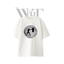 Thewert Boksor Ay Tasarım Baskılı Ünisex Beyaz Oversize T-shirt