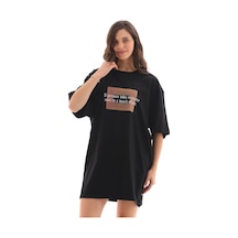 Kadın Baskılı T-shirt Kısa Kol Bisiklet Yaka Oversize Rahat Kalıp Tişört - Siyah