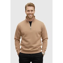 Rizzup Erkek Camel Relax Fit İçi Polarlı %100 Pamuk Yarım Fermuarlı Dik Yaka Sweatshirt 2600760