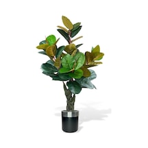 Yapay Ağaç Kauçuk Ağacı Metal Gümüş Kemerli Saksıda Ficus Elastica Salon Çiçeği 150*90 61 Yaprak