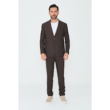 Kahverengi Çizgili 6 Drop Erkek Slim Fit Takım Elbise Kahve