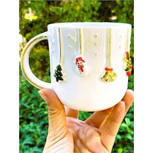 Premium Kalite 24 Ayar Altın Detaylı El Yapımı Christmas Mug 450 Ml Gold Handmade Beyaz - Çok Renkli