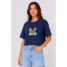 Efnaz Style Kedi Baskılı Oversize Crop Tişört Salaş Basic Yarım Kol T-shirt - Lacivert