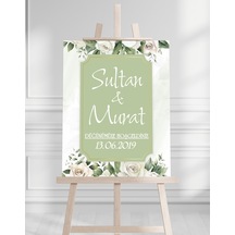 Söz Nişan Düğün İçin 50x70 Karşılama Panosu - Beyaz Gül Desenli