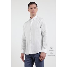 İmza Beyaz Keten Düğmeli Yaka Uzun Kol Cepsiz Slim Fit Keten Gömlek 1004260161 M