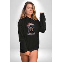 Yeni Yıl Noel Rottweiler Kadın Erkek Siyah Kapüşonlu Sweatshirt Hoodie Siyah