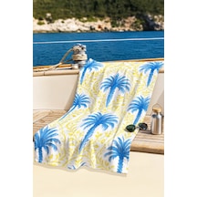 Palmiye Tropikal Mavi Sarı Plaj Havlusu - Akdeniz Bohem Beyaz Marine Hızlı Kuruyan Mikrofiber Havlu Ayaz Kumul