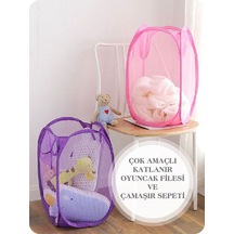 Çok Amaçlı Katlanır Oyuncak Filesi Ve Pratik Çamaşır Sepeti Hurç Kumaş Mor Diğer