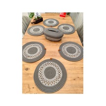 Jüt, Hasır, Dekoratif Yemek Masa Takımı, Subla Takımı, Amerikan Servis,6'subla 1'sepet 7'li Antrasit Gri Antrasit Gri