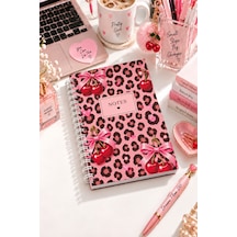 Pembe Leopar Kiraz Desenli A5 Sert Cover Kapaklı Spiralli Planlayıcı Not Defteri 80 Yaprak 160 Sayfa Çok Renkli