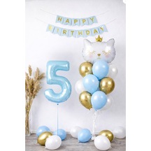 5 Yaş Kedi Temalı Doğum Günü Balon Seti Mavi Gold Konsept Mavi