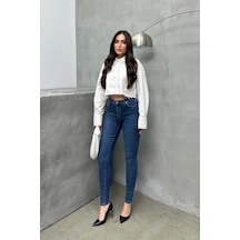 Kadın Orta Mavi Yüksek Bel Skinny Jean Pantolon Dar Paça Esnek Denim Kot 26
