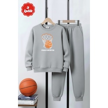 Fyk Kids 3 İplik Kalın Yuvarlak Yaka Basketbol Potası Baskı Detaylı Kışlık Erkek Çocuk Eşofman Takımı Gri