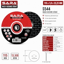 Sara S544 115 Mm Inox Kesme Diski 1,0 22,23 Mm, Maksimum 13.300 Rpm 10 Adet