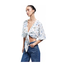 Koton Yarım Kol V Yaka Kruvaze Önden Bağlama Detaylı Çiçekli Crop Bluz Mavi Desenli 5sak60490uw Mavi Desenli