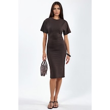 Hiccup Busem Drape Detaylı Dikey Yaka Mini T-shirt Elbisesi Kahve Kahvesi