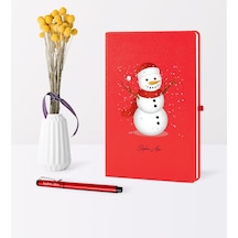 Kişiye Özel Yılbaşı Kardan Adam Temalı Kırmızı Defter Kalem Seti