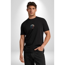 Robot Kafası Kız Siyah Oversize Unisex Ön Orta Minimal Baskılı Tişört Siyah