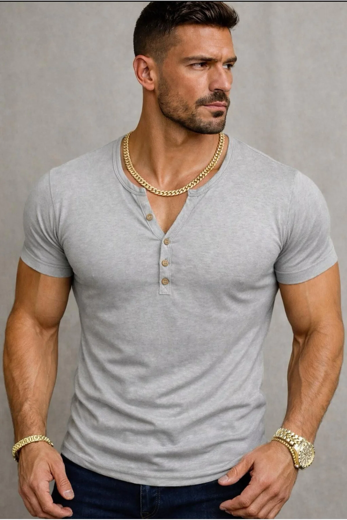Zel Üretim Henley Yaka Düğmeli Açık Geniş Yaka Tişört T-shirt Açık Gri Melanj