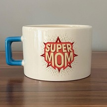 Süper Mom Kırmızı Baskılı Mavi Kulplu C Fincan